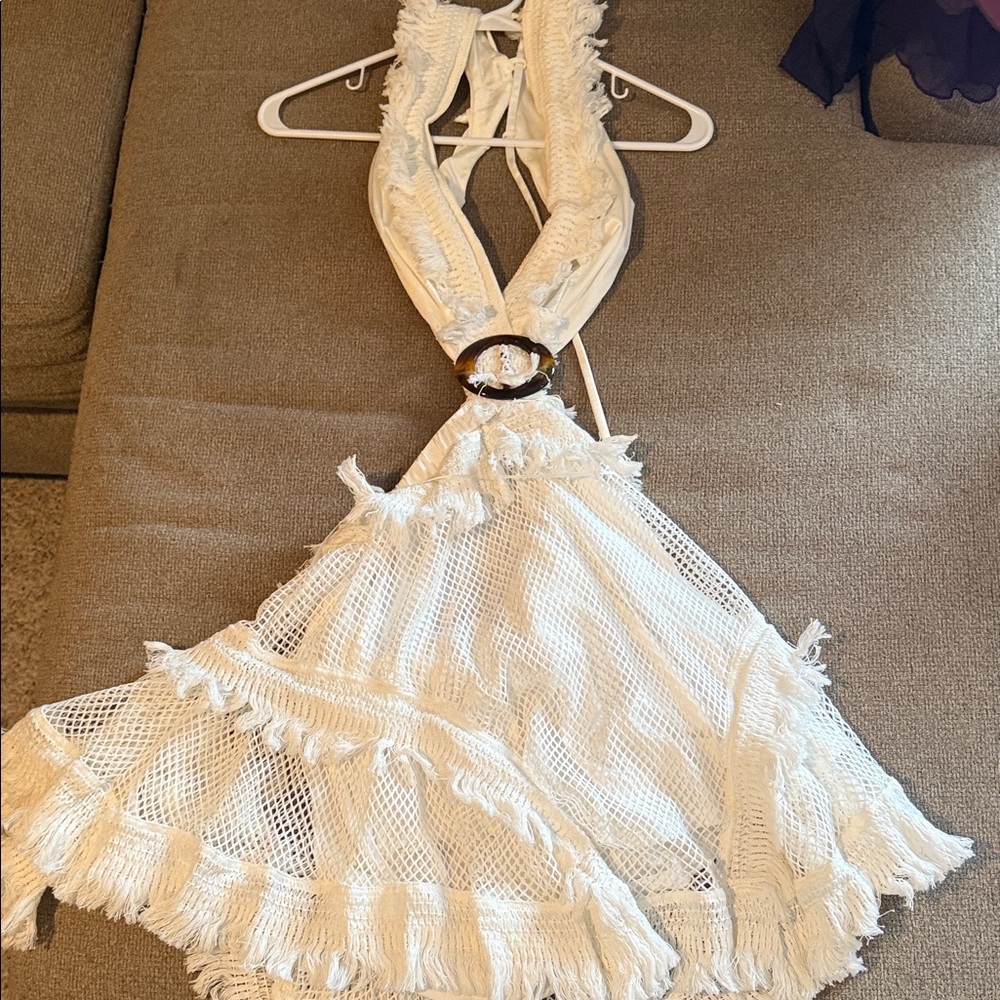 White Fringe Halter Dress